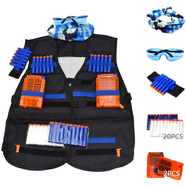 2 Quick Reload Clips and Tube Mask Tactical Vest Accessories Set for Nerf N-Strike Elite Series with 20 Refill Darts Safety Glasses Wrist Ammo Holder